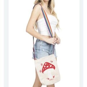 Canvas Printed Mushroom Crossbody Bag Tote Rainbow Strap, Includes Sticker